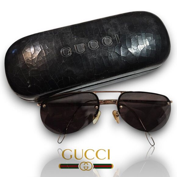 Gucci Aviator Style GG Gold Metal Frame & Black Lens Vintage Sunglasses w/ Case